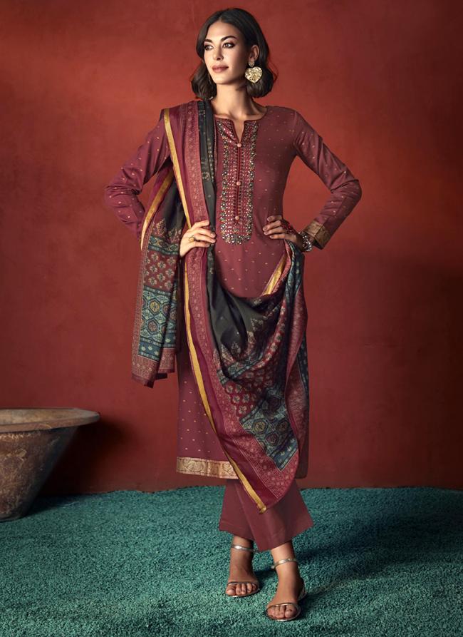 Pure Viscose Satin Brown Traditional Wear Embroidery Work Straight Suit